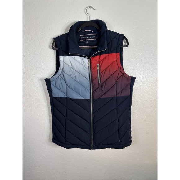 Tommy Hilfiger Jackets & Blazers - Tommy Hilfiger Vest Womens Large Blue Red Gradient Full Zip Quilted Puffer Mock